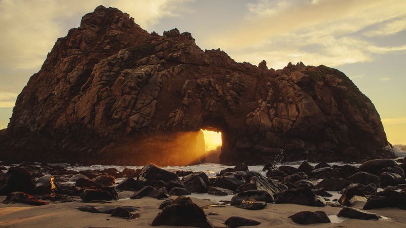 nature, landscape, rocks, waves, clouds, sky, sand, sea, sunset, rock formation, Big Sur, California, USA
