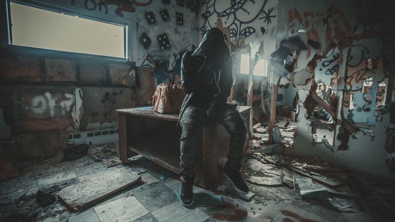 man, hood, ruins, room, graffiti, 4k