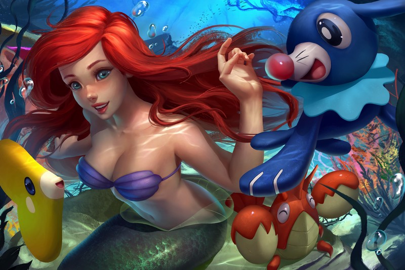 The Little Mermaid, Pokémon, crossover, Disney, Disney princesses, mermaids, redhead, long hair, blue eyes, smiling, bubbles, underwater, sea, looking at viewer, bare shoulders, artwork, drawing, digital art, illustration, fan art, Logan Cure, anime, belly, fantasy girl