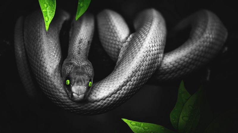 snake, photoshop, leaves, eyes, reptile, 4k