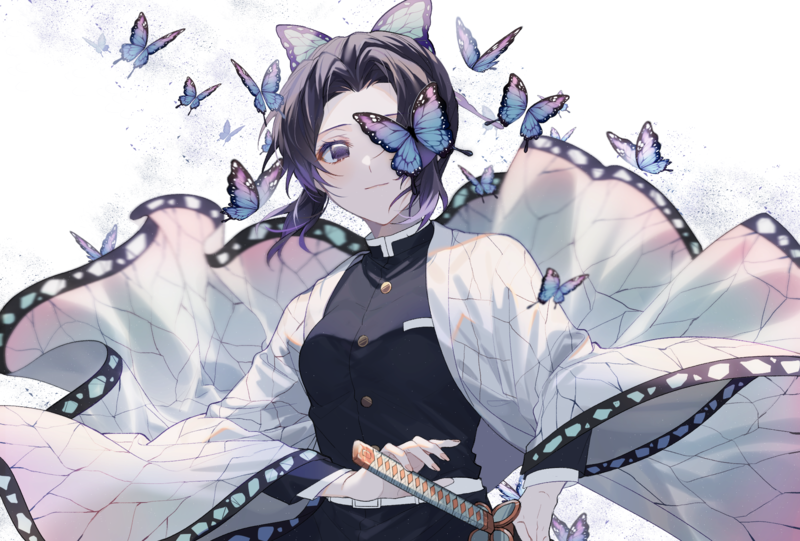 anime, anime girls, Kimetsu no Yaiba, Kochou Shinobu, katana, weapon, kimono, uniform, short hair, purple hair, purple eyes
