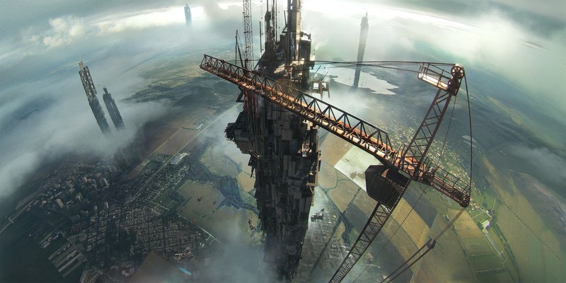 artwork, tower, Tamas Medve, city, cranes (machine)