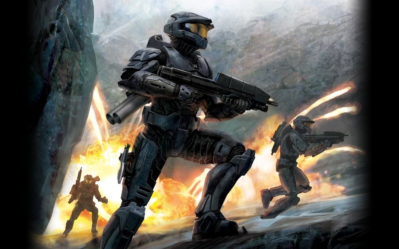 video games, Halo, Halo 3, explosion, Spartans, rocket launchers, assault rifle, war, game art, Spartans (Halo), futuristic armor, video game man