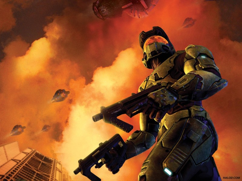 video games, Halo, Halo 2, Spartans (Halo), Master Chief, Covenant, fire, Phantom, submachine gun, war, futuristic armor, low-angle, video game man