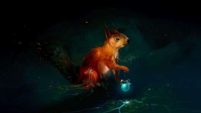 squirrel, art, christmas toy, dark, 4k