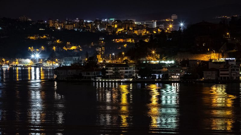 night city, city lights, coast, reflection, light, istanbul, turkey, 4k