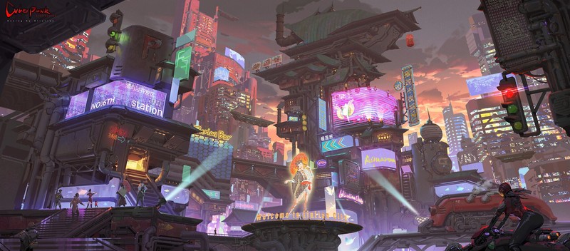 artwork, concept art, cyberpunk, futuristic city, sky, clouds, city, futuristic, motobike