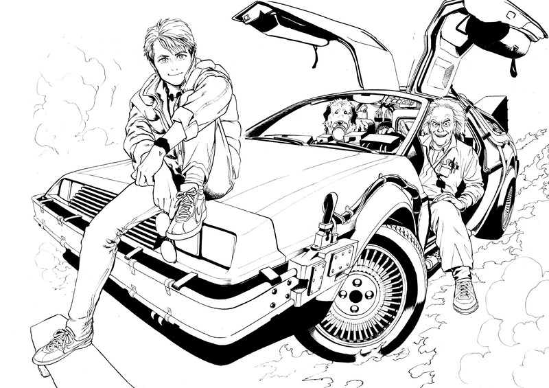 Back to the Future, Marty McFly, DeLorean, DMC DeLorean, car, Time Machine, drawn, men, pet, dog, monochrome