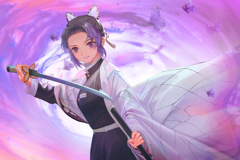 anime, anime girls, 2D, artwork, digital art, Kimetsu no Yaiba, Kochou Shinobu, sword, fan art