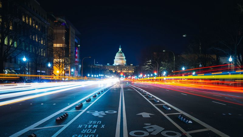 night city, long-term exposure, city lights, road, marking, architecture, 4k