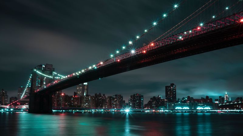 bridge, night city, lights, city lights, brooklyn, usa, 4k