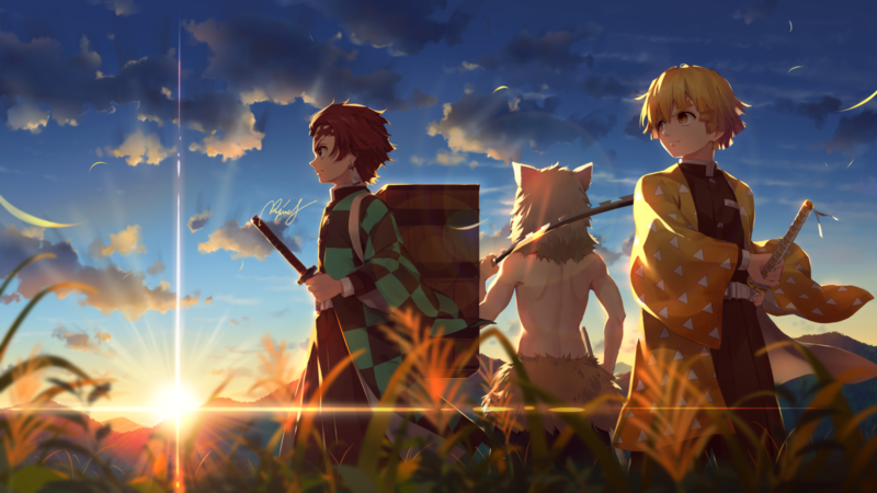 anime, digital art, artwork, 2D, Kimetsu no Yaiba, Kamado Tanjirō, Zenitsu Agatsuma, Inosuke Hashibira, sunset, sword