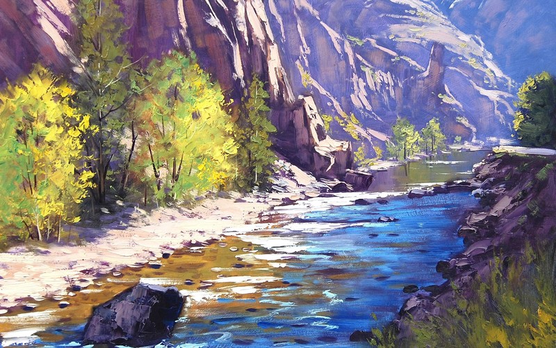 artwork, river, mountains