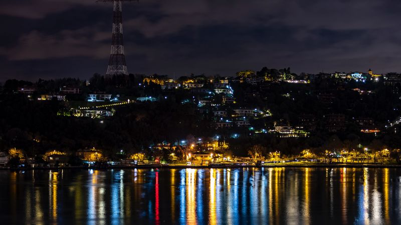 night city, city lights, coast, reflection, istanbul, turkey, 4k