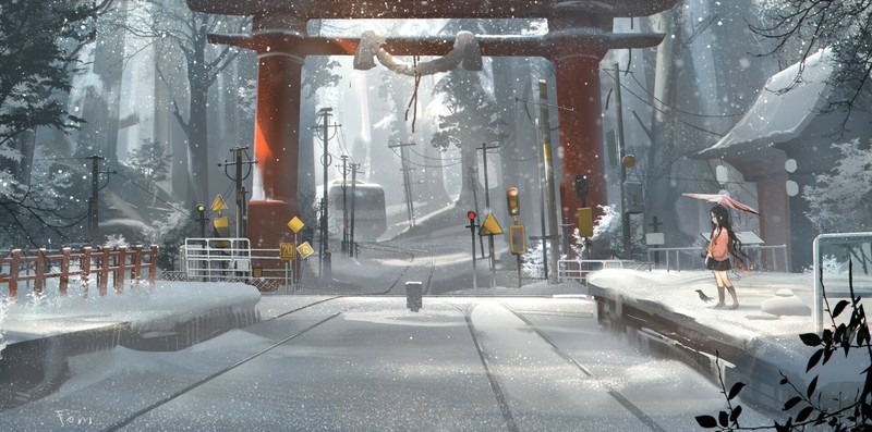 Kimetsu no Yaiba, Kamado Nezuko, snow, torii, train, umbrella, anime