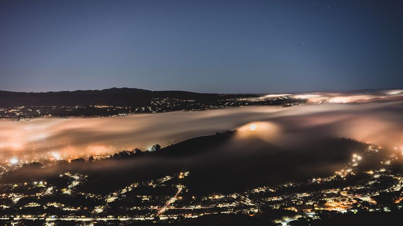 night city, fog, aerial view, horizon, veil, 4k