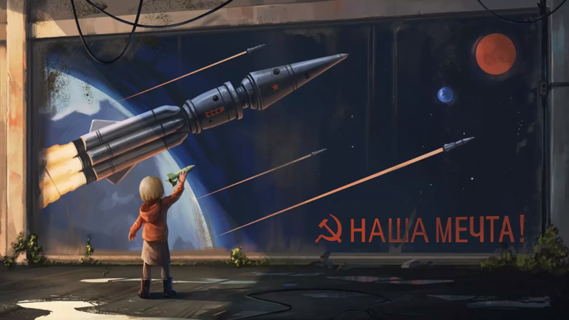 Cyrillic, hammer and sickle, communism, rocket, space, artwork, USSR, Soviet Union