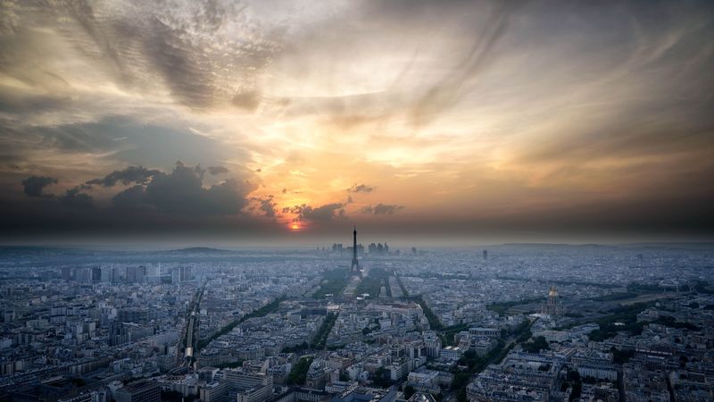 paris, france, architecture, sunset, sky, aerial view, 4k
