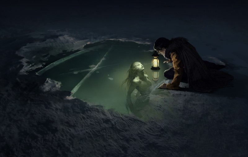 artwork, digital art, painting, mermaids, night, glacier, siren, fantasy art, Nymphs