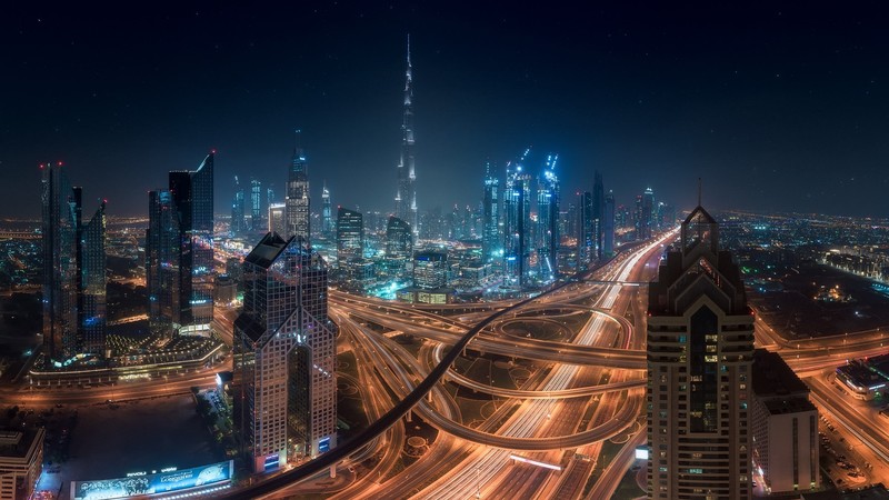 landscape, city, night, stars, road, highway, shopping mall, building, architecture, skyscraper, Burj Khalifa, lights, window, downtown, Dubai, United Arab Emirates, curved, construction, cranes (machine), crossroads