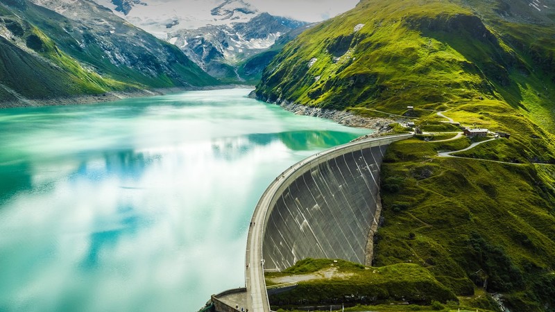 landscape, nature, water, dam, mountains, grass, snowy mountain, rocks, snow, people, architecture, river, Norway