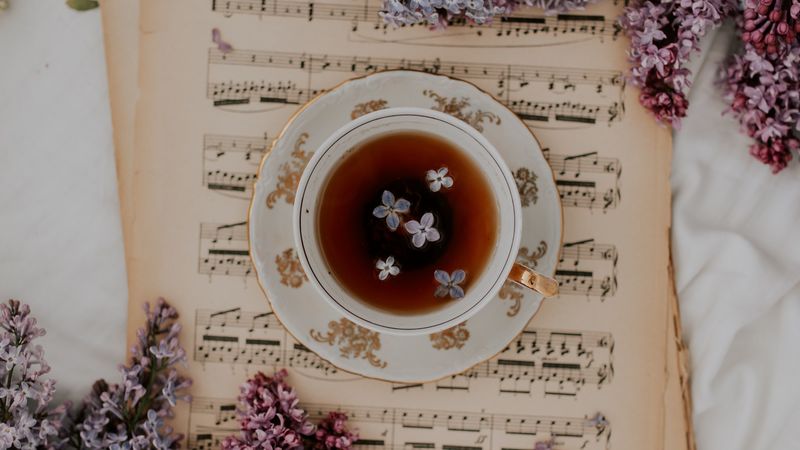 cup, tea, lilacs, flowers, notes, 4k