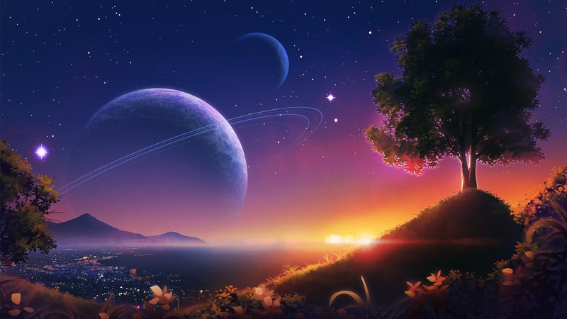 anime, 2D, artwork, digital art, landscape, sky, planet, galaxy