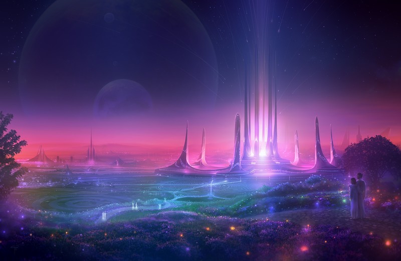 glowing, landscape, science fiction, planet, stars, night, pillar, beam, purple, city