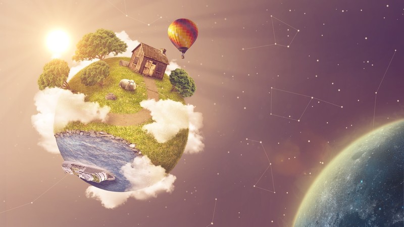 planet, hot air balloons, trees, grass, house, clouds, Sun, stars