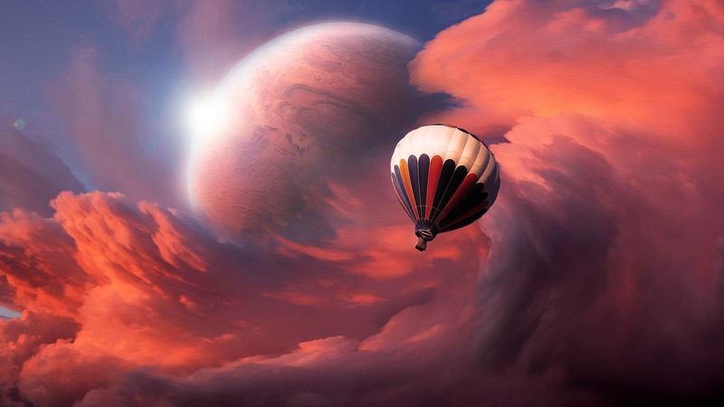hot air balloons, clouds, sky, sunlight, planet