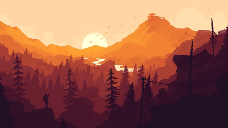 Firewatch, video games, nature, animals, birds, river, forest, Sun, sky, hills, mountains