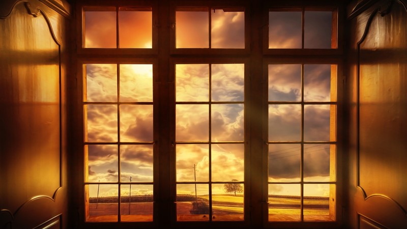 window, glass, clouds, sunlight, sky, nature, landscape