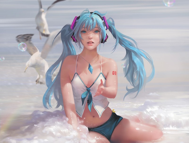 Taejune Kim, digital art, Hatsune Miku, blue hair, long hair, beach, blue eyes, birds, sea, water, blouse, underwater, brunette