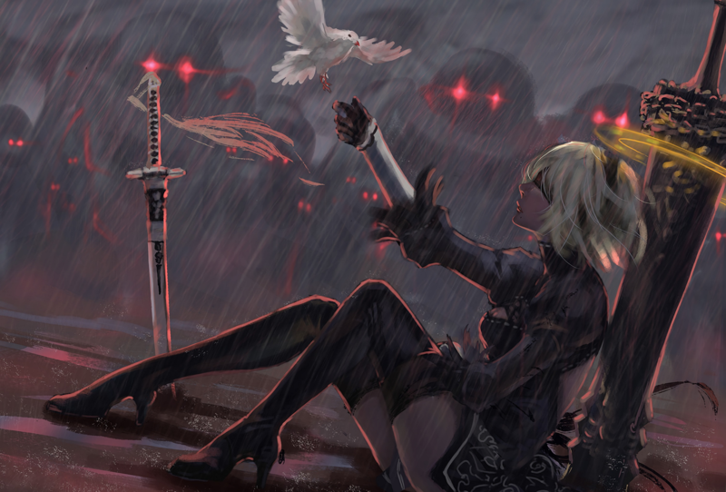 Nier: Automata, artwork, video games, digital art, women, 2B (Nier: Automata), 2B, katana, white hair, thigh-highs, thighs, rain, NieR, birds, dove