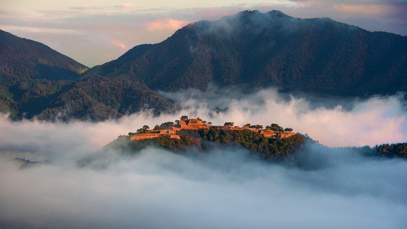 nature, landscape, clouds, sky, trees, castle, mist, mountains, sunrise, Takeda Castle Ruins, ruins, Japan