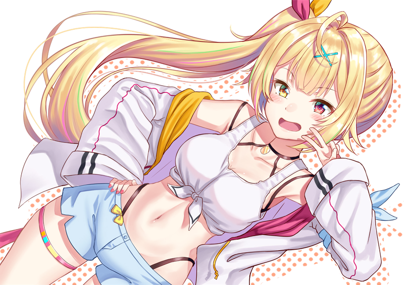 Nijisanji, blonde, long hair, blush, belly, navels, ponytail, shorts, anime, Virtual Youtuber, Hoshikawa Sara, 2D