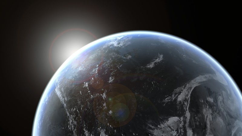 space, lens flare, Earth, glowing, dark, Sun, planet