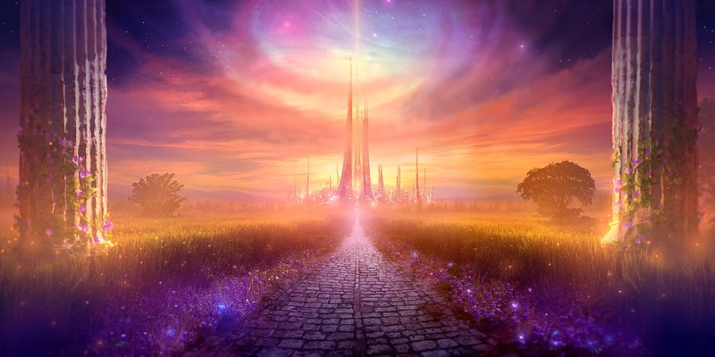 castle, alleyway, path, stones, grass, science fiction, field, stars, glowing, trees, moss, pillar