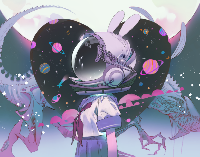 astronaut, schoolgirl, space, heart, original characters, anime, artwork