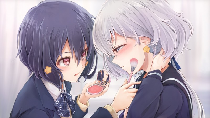 short hair, ponytail, blush, gray hair, blue hair, red eyes, blue eyes, Zombieland Saga, Zombie 4 / Junko Konno, Zombie 3 / Ai Mizuno, anime girls, blushing, embarrassed, school uniform, 2D, open mouth, Zombie 1 / Sakura Minamoto, Koutarou Tatsumi, fan art