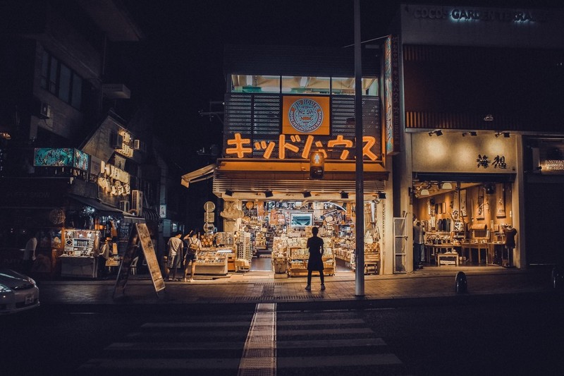 Japan, street, night, people, shop, beige