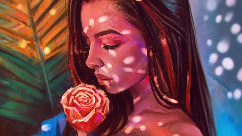 rose, flower in hair, women, artwork, plants, portrait