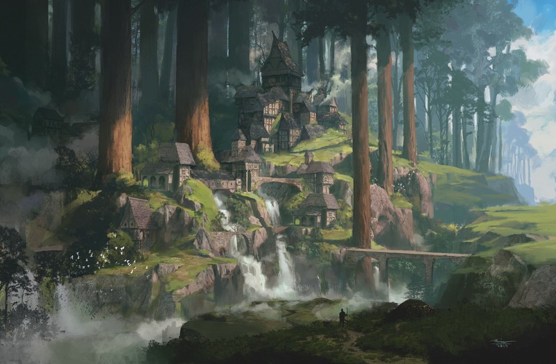 Sina Abbasnia, city, fantasy art, village, trees, landscape, artwork