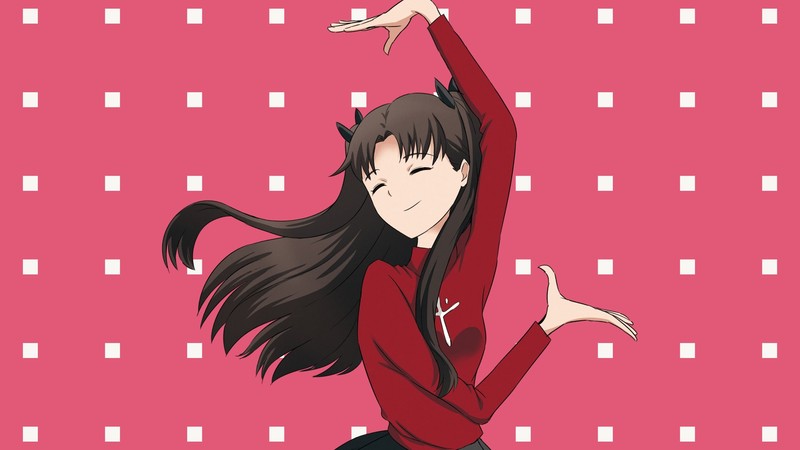 Fate Series, FGO, Fate/Stay Night, Eizouken ni wa Te wo Dasu na!, crossover, anime girls, dancing, long hair, 2D, small boobs, brunette, closed eyes, twintails, parody, Tohsaka Rin, smiling, pink background, fan art, anime