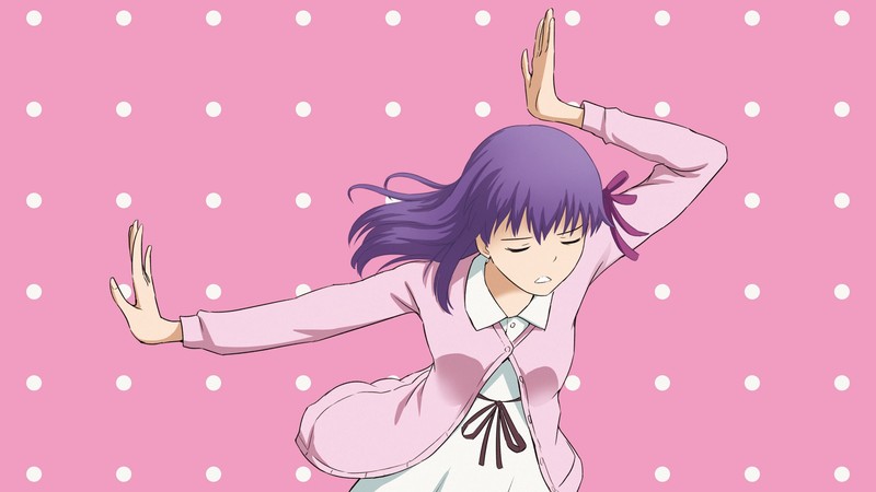 Fate Series, FGO, Fate/Stay Night, Eizouken ni wa Te wo Dasu na!, crossover, anime girls, dancing, long hair, 2D, violet hair, closed eyes, parody, Matou Sakura, pink background, fan art, white dress, anime