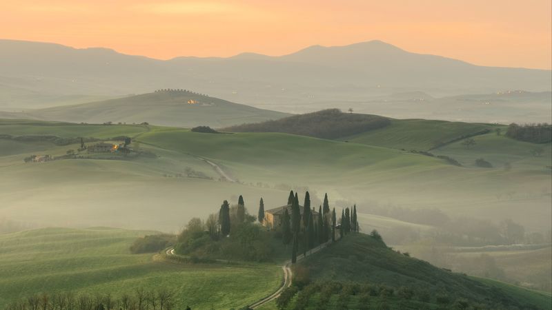 mountains, fog, house, trees, landscape, 4k