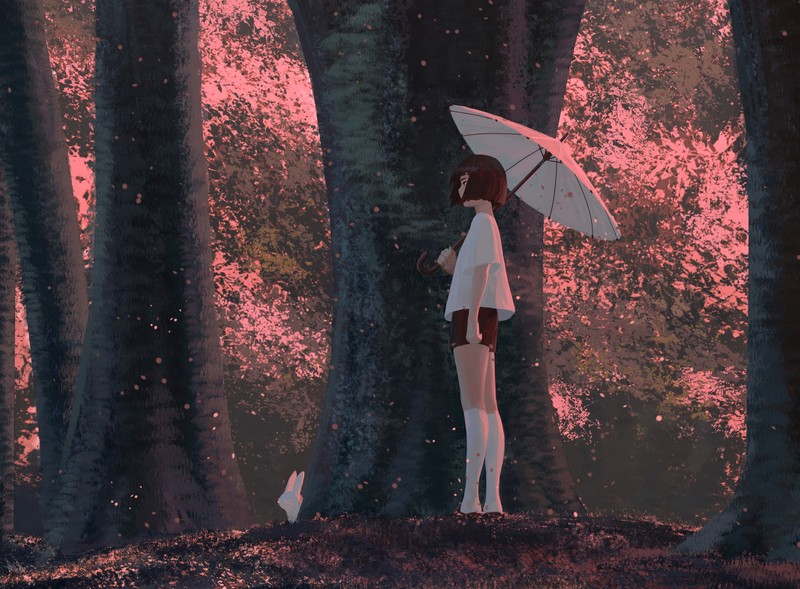 anime girls, original characters, anime, women, brunette, short hair, profile, looking away, umbrella, forest, trees, rabbits, T-shirt, short shorts, socks, standing, side view, artwork, drawing, digital art, illustration, GUWEIZ, Z.W. Gu