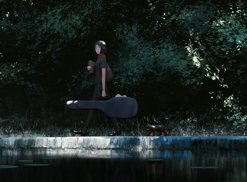 anime girls, original characters, anime, women, brunette, short hair, schoolgirl, T-shirt, skirt, black clothing, pantyhose, guitar, musical instrument, walking, cats, black cats, scarf, water lilies, water, reflection, Bushes, looking back, backpacks, side view, outdoors, looking away, artwork, drawing, digital art, illustration, GUWEIZ, Z.W. Gu