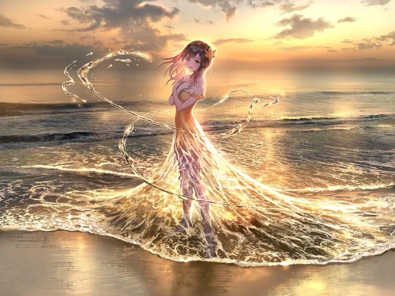 artwork, illustration, 2D, digital art, anime girls, landscape, beach, sky, clouds, anime