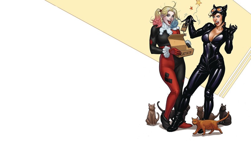 Harley Quinn, Catwoman, DC Comics, superheroines, superhero, women, blonde, costumes, pigtails, cleavage, cats, animals, simple background, comics, comic art, fantasy art, fantasy girl, artwork, digital art